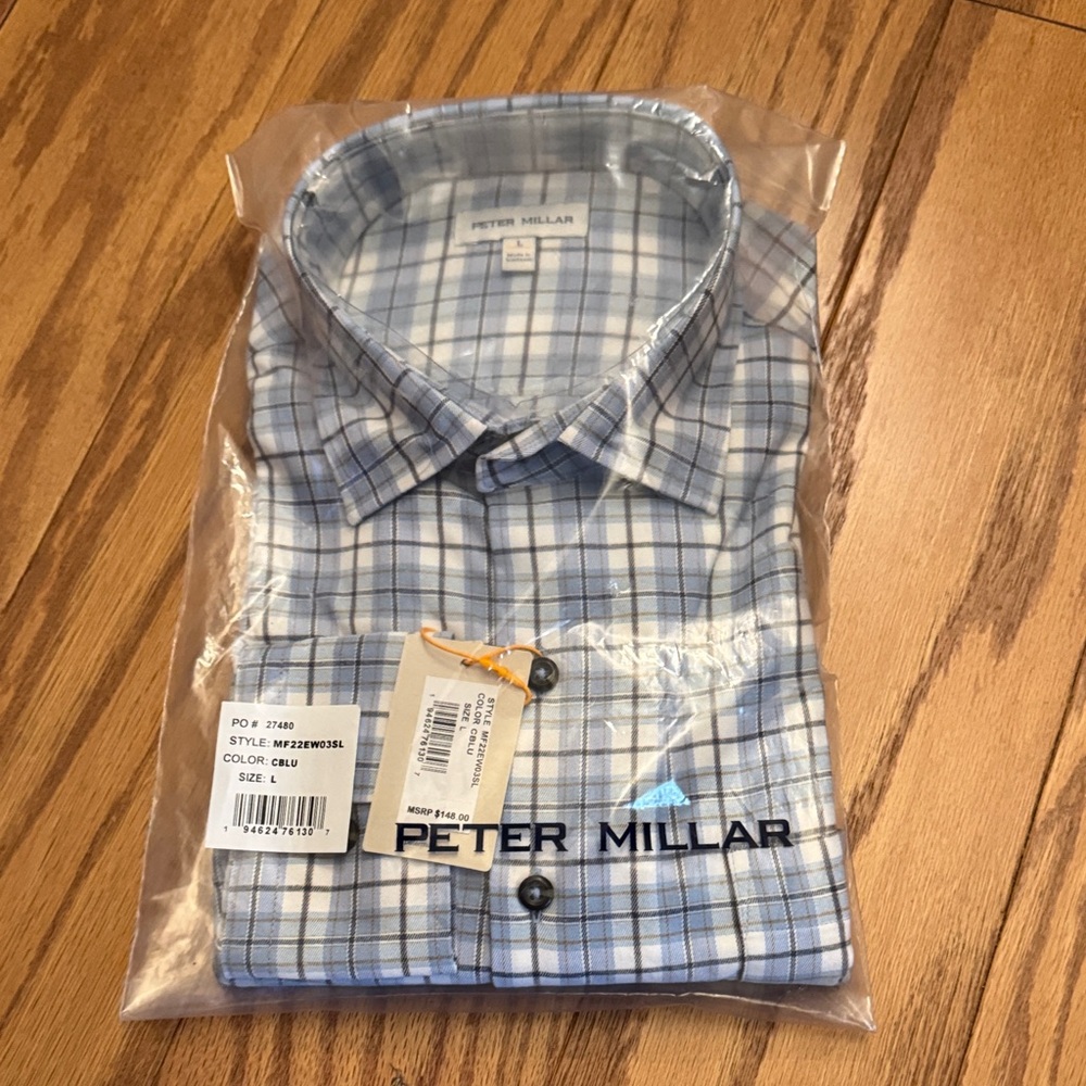 NWT Peter Millar Light Blue plaid button long sleeve shirt
